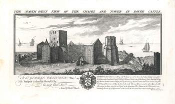 engraving of Dover Castle chapel & tower