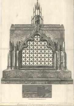 engraving, tomb of bishop in Salisbury