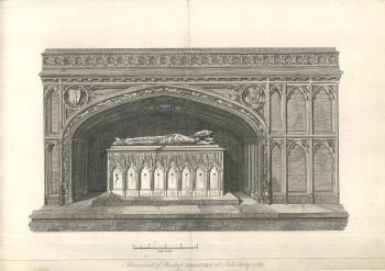 engraving, tomb of bishop in Salisbury