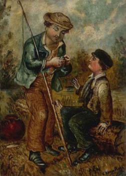 oil painting of boys fishing